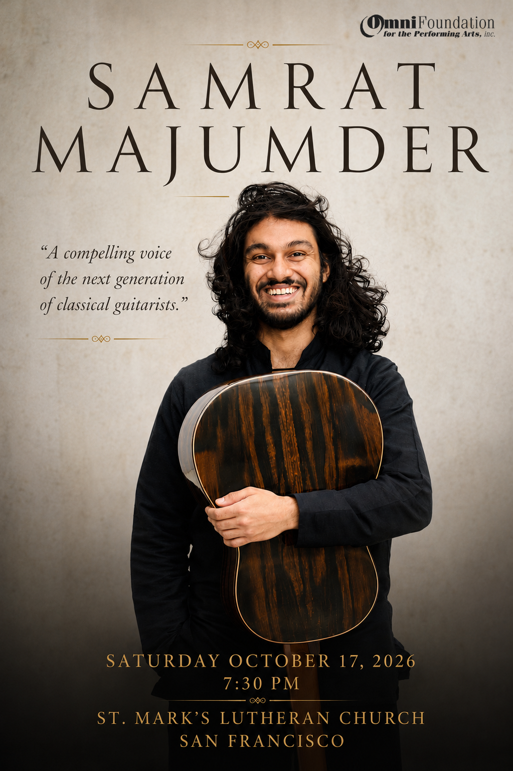 Samrat Majumder with his guitar, concert poster for October 17, 2026